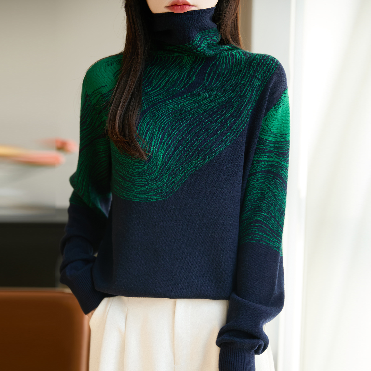 撞色提花高领毛衣女秋冬新款时髦针织衫套头堆堆领打底衫宽松上衣