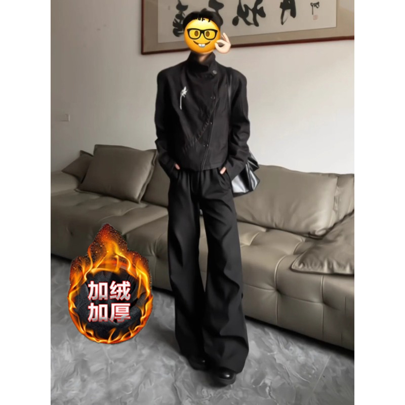 黑色微喇弯刀褶皱西裤男款秋冬加绒百搭阔腿裤cleanfit设计感裤子