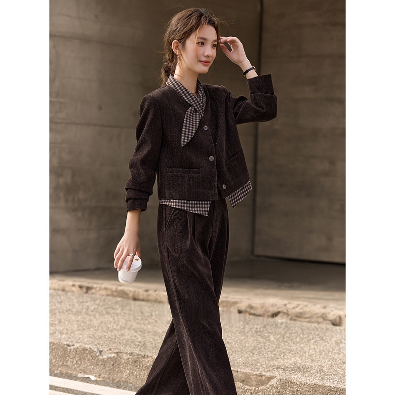 咖色假两件套装女25年冬季新款拼接格子上衣阔腿长裤两件套