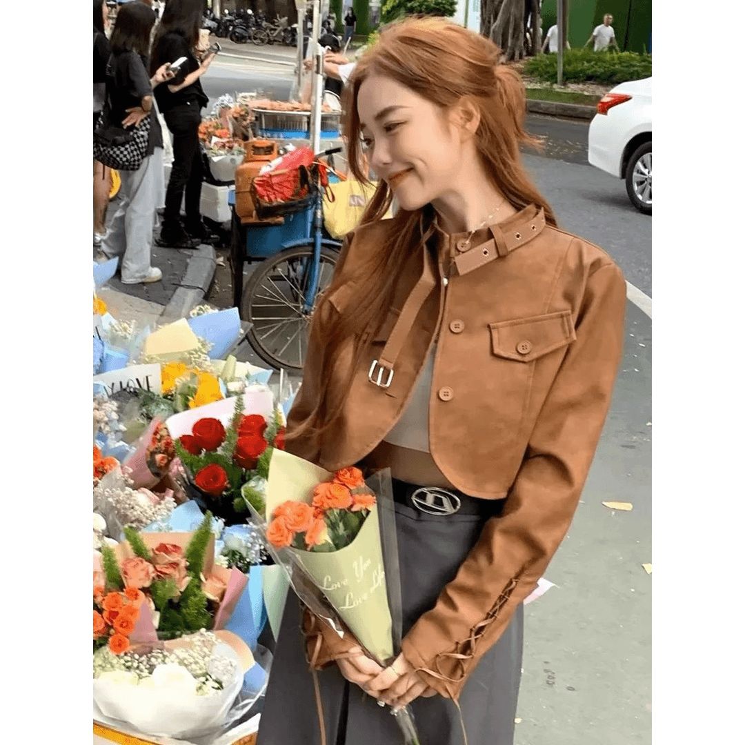 美德2025秋新款中性风宽松机车皮衣外套女复古辣妹百搭短夹克上