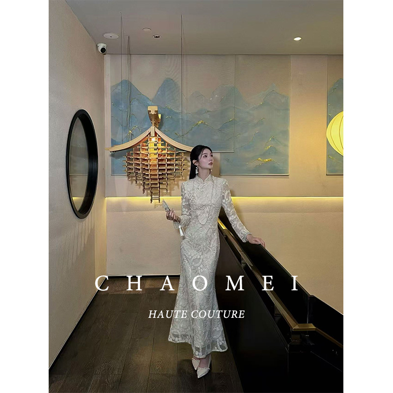 冯（CHAOMEI【浅月疏影】法式蕾丝纱料复古长款修身镂空连衣裙