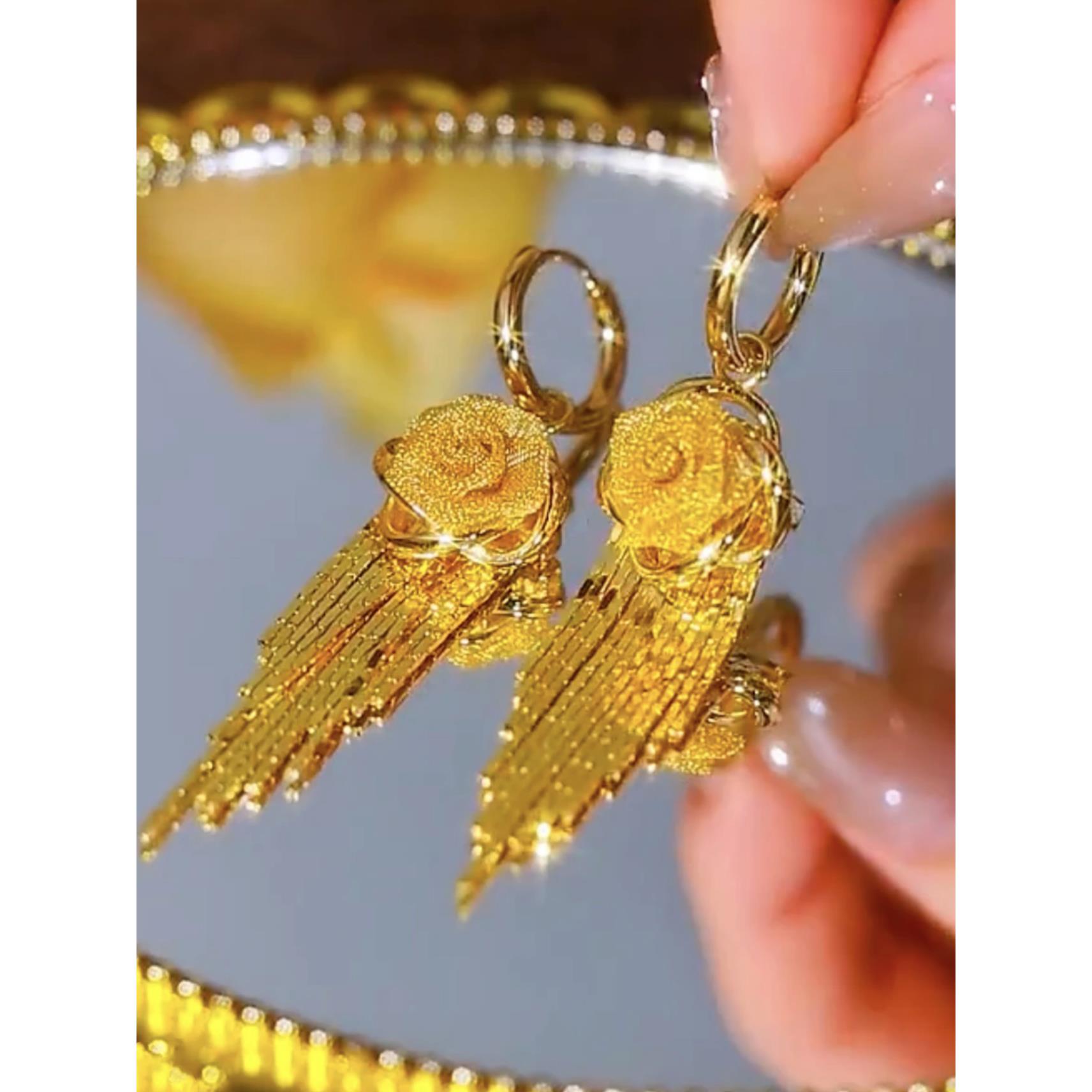 纯铜大理石耳饰 气质高级感金色花朵流苏耳扣女轻奢小众设计感耳