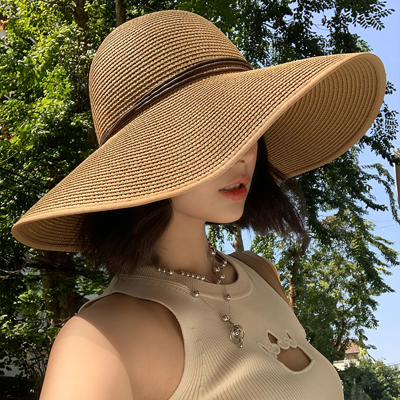 法式波浪边蕾丝蝴蝶结草帽女夏大帽檐太阳帽度假风沙滩海边遮阳帽