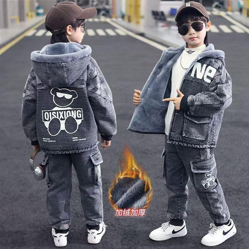 男童冬季牛仔加绒加厚套装2025新款儿童男孩中大童冬款厚童装