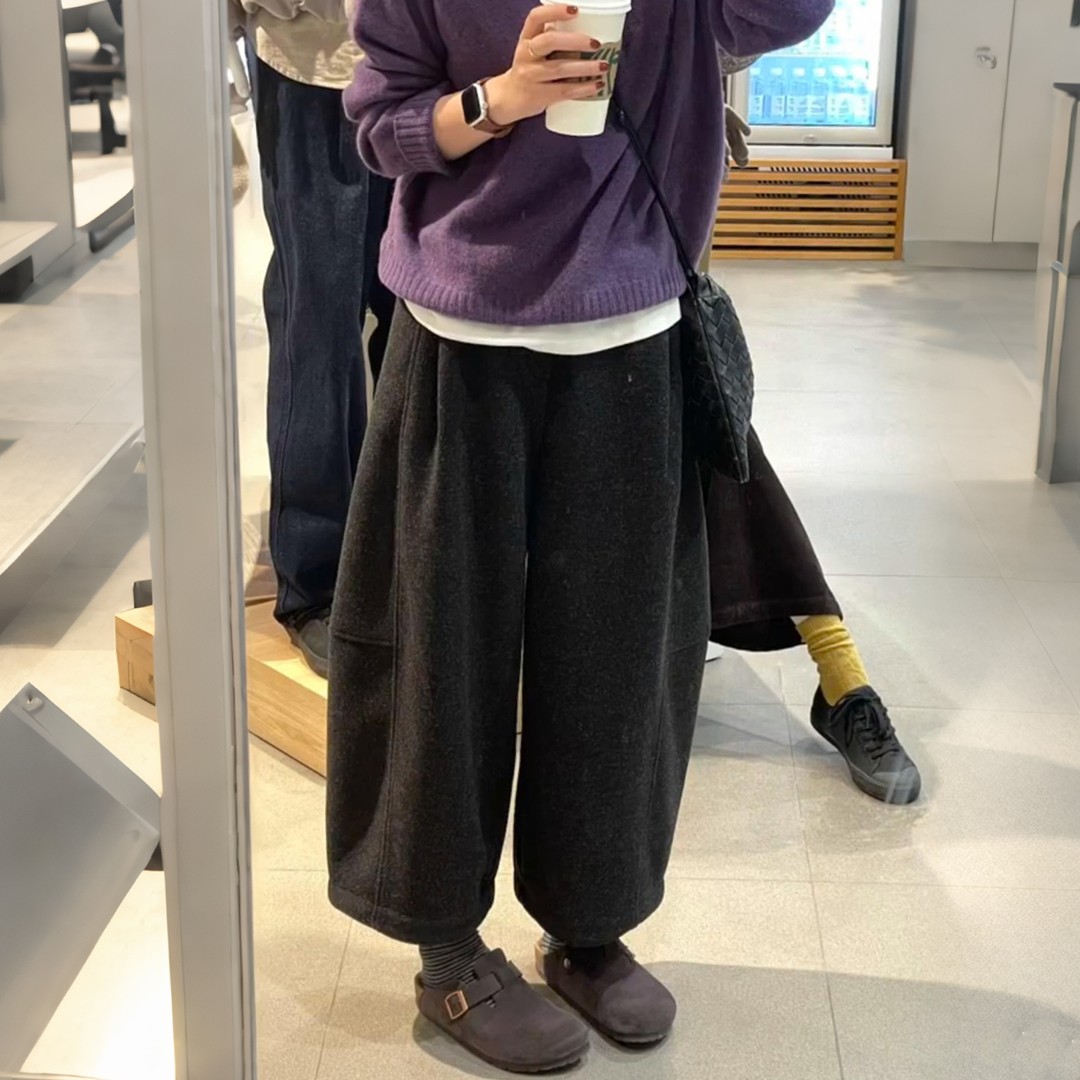 冬季款韩系深灰色加绒毛呢窄版阔腿裤女小个子梨型身材宽松八分裤
