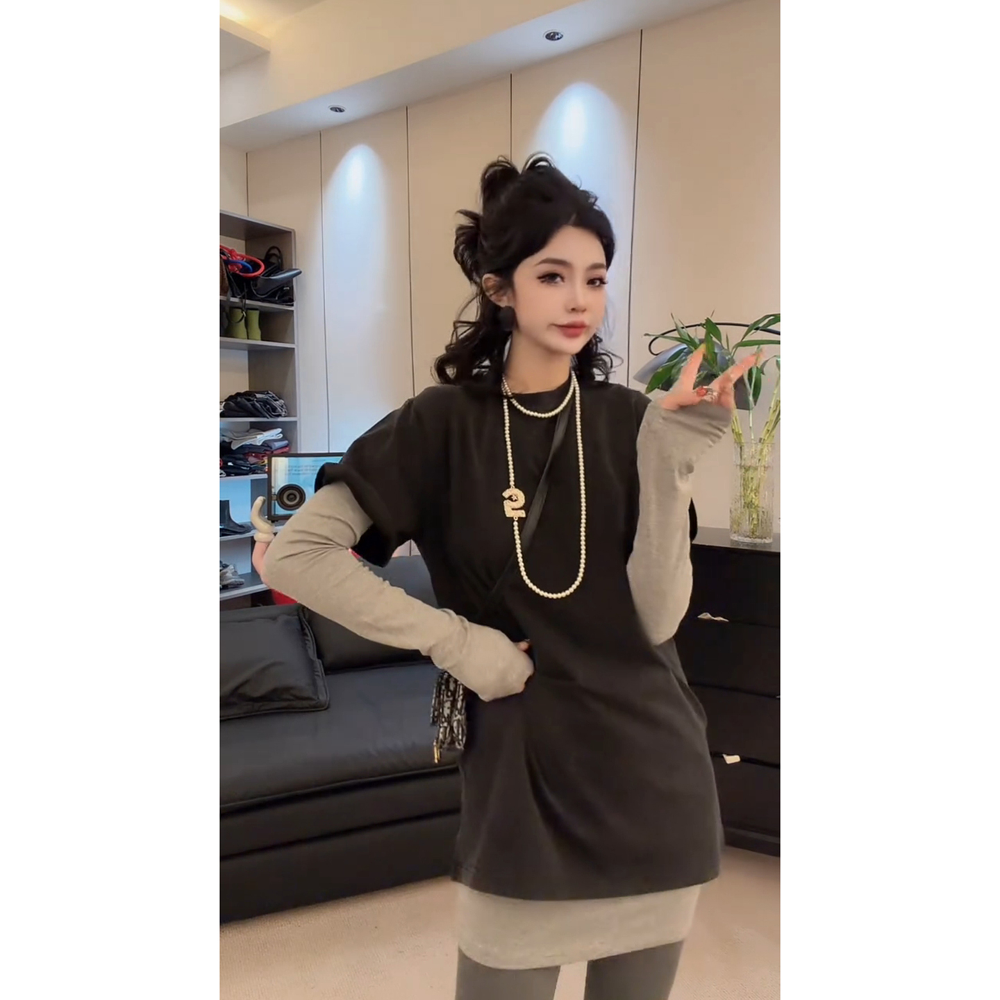 欧洲站2025秋冬新款设计感圆领叠穿套装女长袖打底短袖T恤两件套