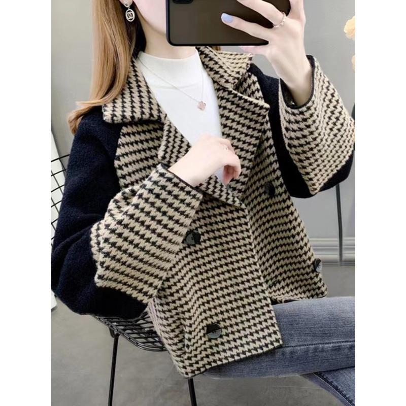 仿水貂绒外套女短款西装领春秋新款洋气拼色千鸟格外穿毛呢子大衣