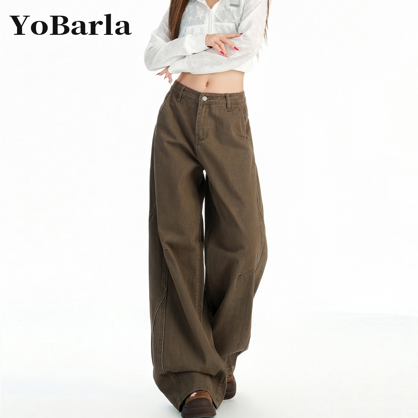 棕咖色直筒牛仔裤女冬季加绒大码胖mm宽松显瘦梨型身材阔腿牛仔裤