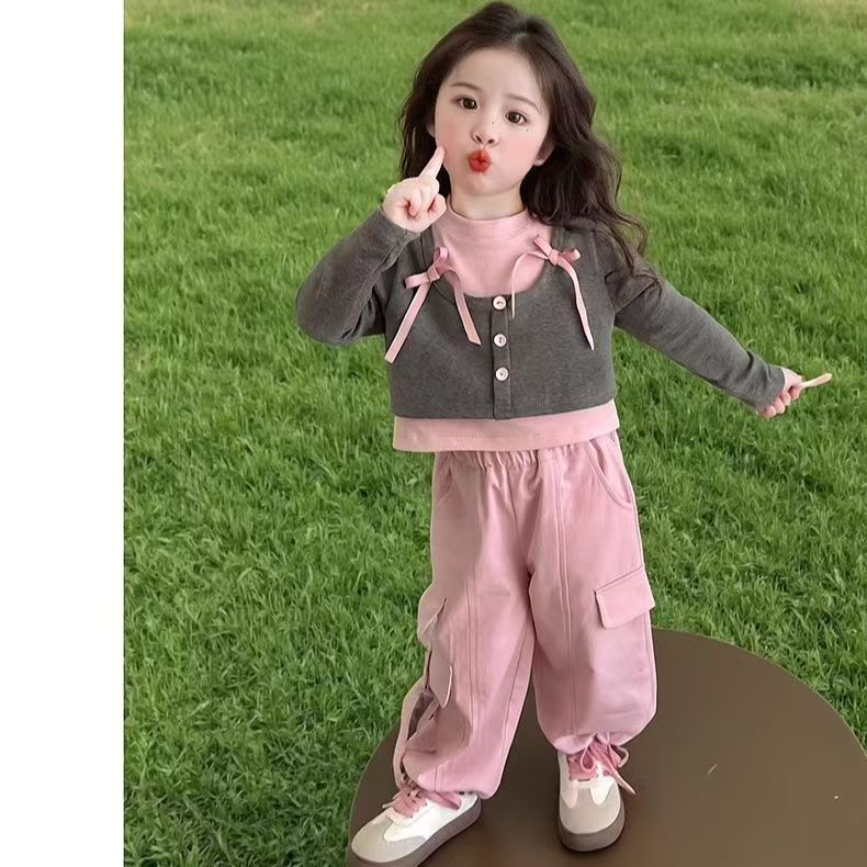 女童春秋2025新款韩版条纹纯色春秋季运动卫衣常规套装套头女宝