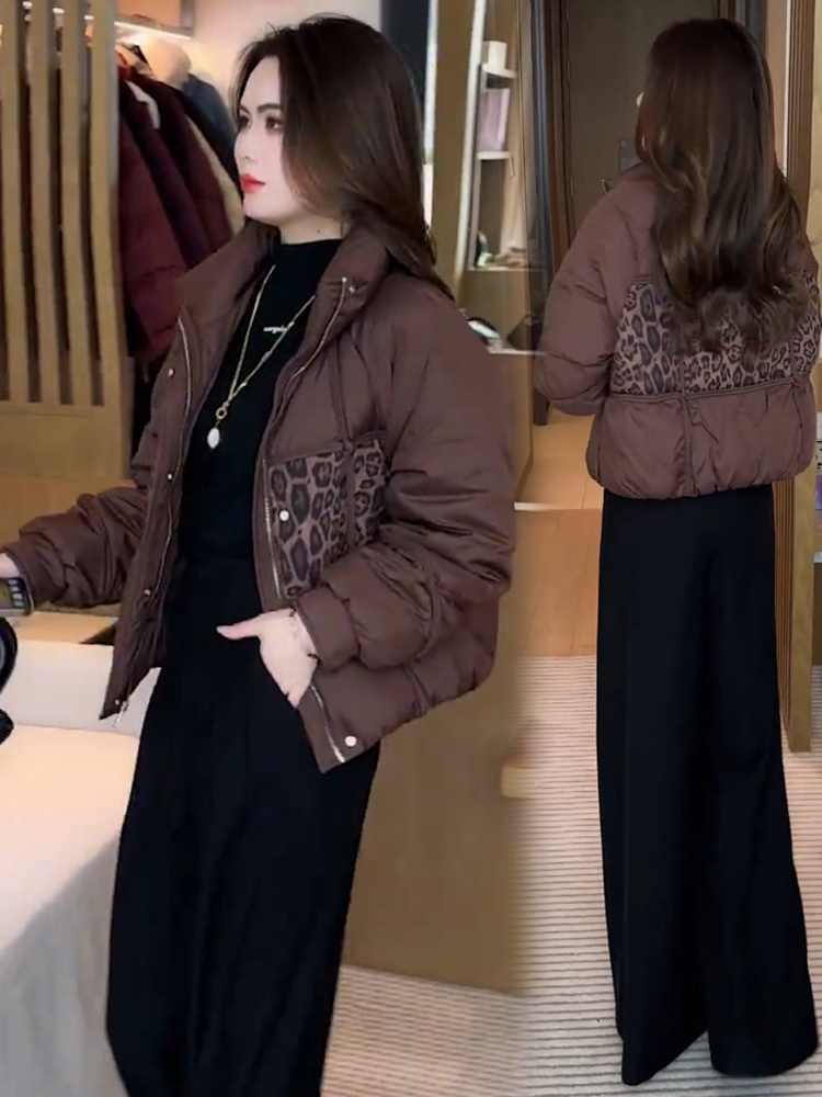 棉服女冬季2025年新款爆款时尚高级感外套拼接豹纹小个子棉衣