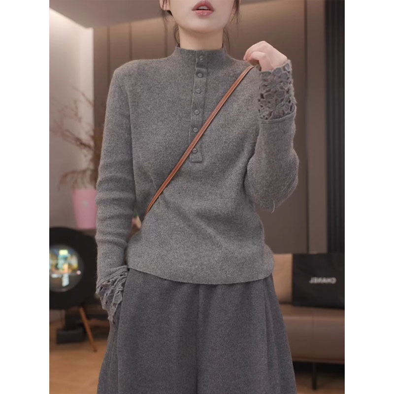 钩花镂空拼接灰色针织衫女秋冬2025新款毛衣气质百搭减龄气质上衣