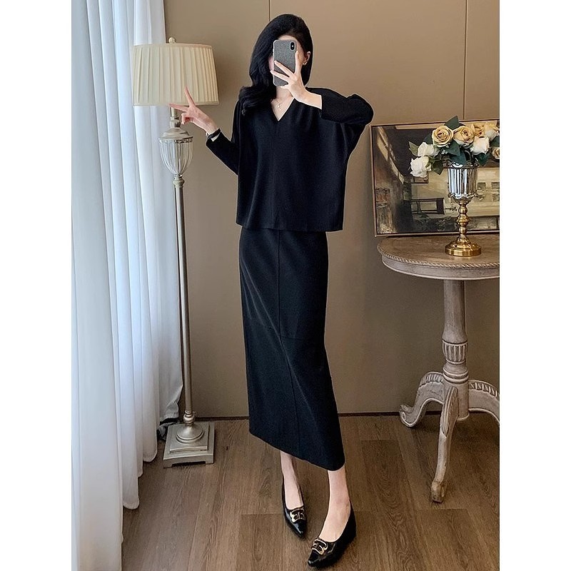 高级感穿搭时尚套装女2025早秋季V领长袖上衣半身裙长裙两件套装