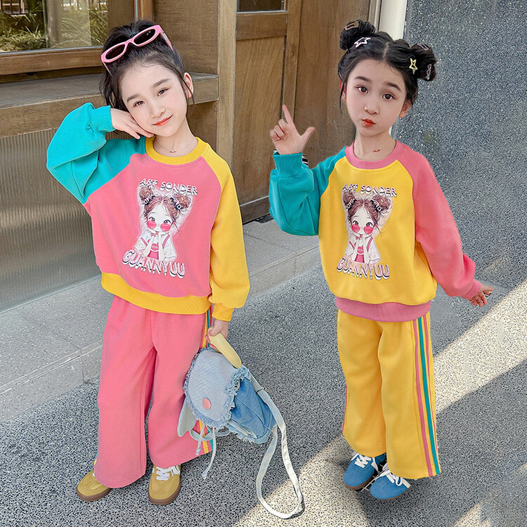 女童卫衣套装早秋款2025新款小童韩版印花拼色休闲秋季女宝两件套