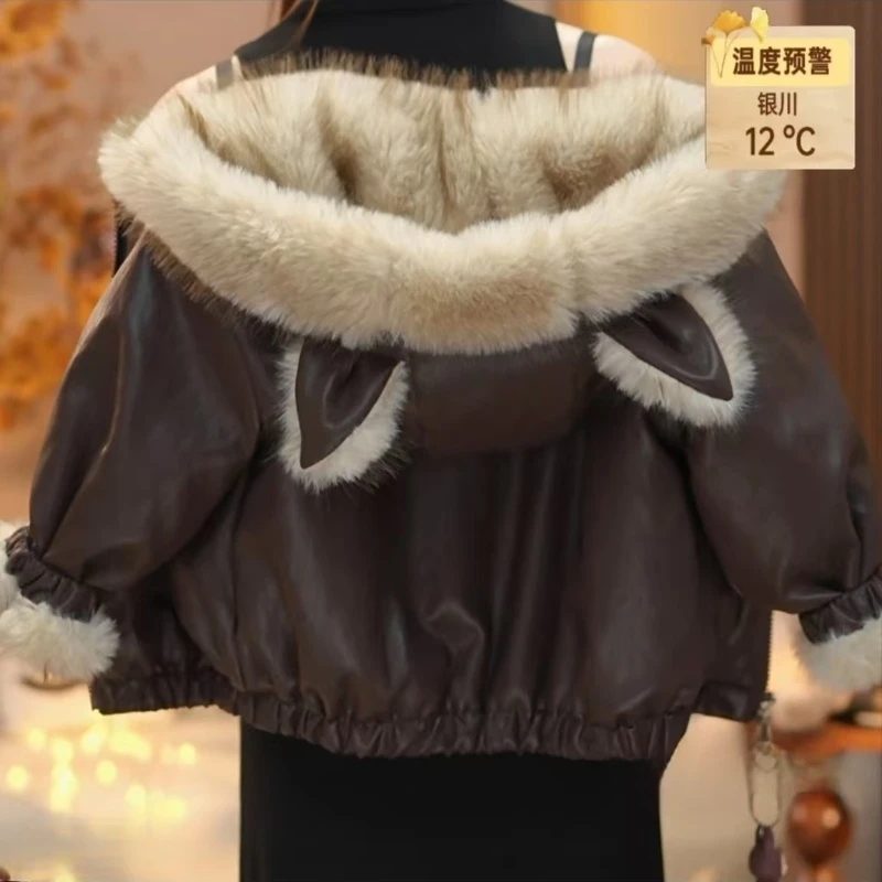 送猫咪免洗皮衣双面穿女童外套秋冬装2025新款加绒加厚女孩洋气潮