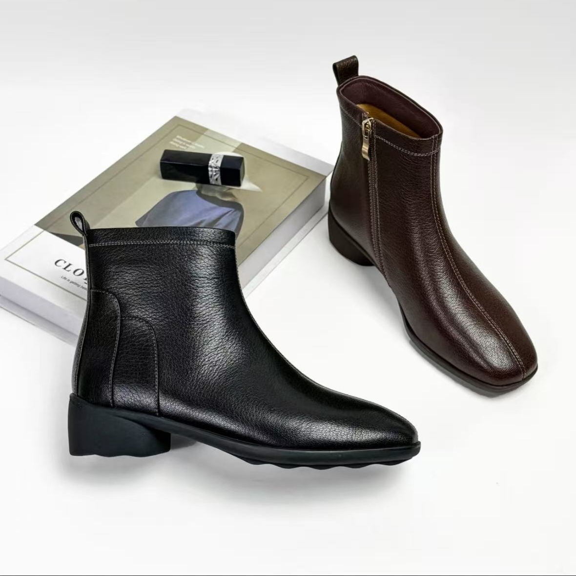 法式短靴女低跟加绒秋冬时尚方头舒适软底粗跟