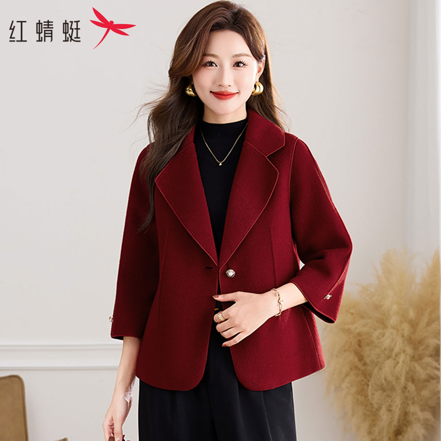 红蜻蜓红色西装领双面羊毛呢大衣女秋冬2025新款时髦短款呢子外套