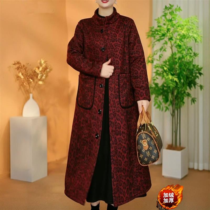 中长款豹纹大衣冬季新款立领保暖X气质时尚显瘦中年妈妈长款外套
