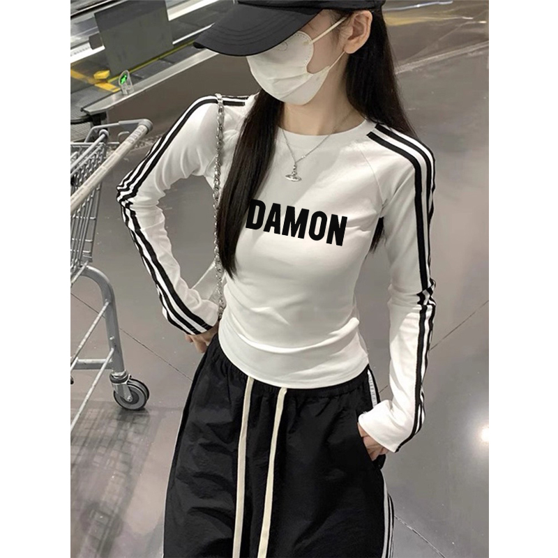 清仓捡漏~秋季修身显瘦三条杠长袖T恤女辣妹运动短款撞色内搭上衣