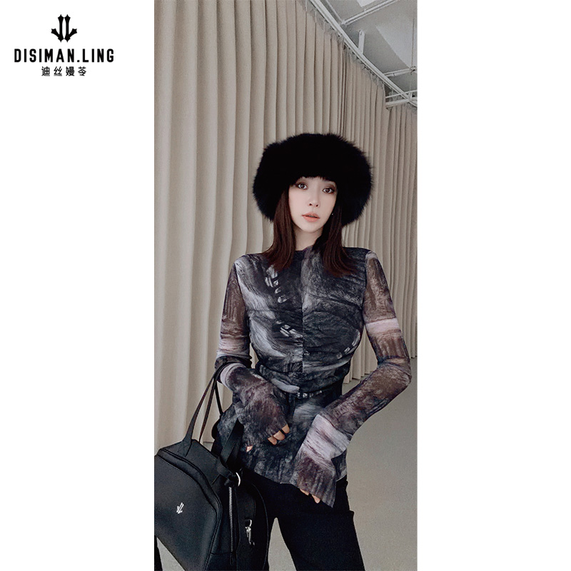 【迪丝嫚苓】花色T恤气质长袖时尚女士印花休闲轻奢原创感秋冬搭配