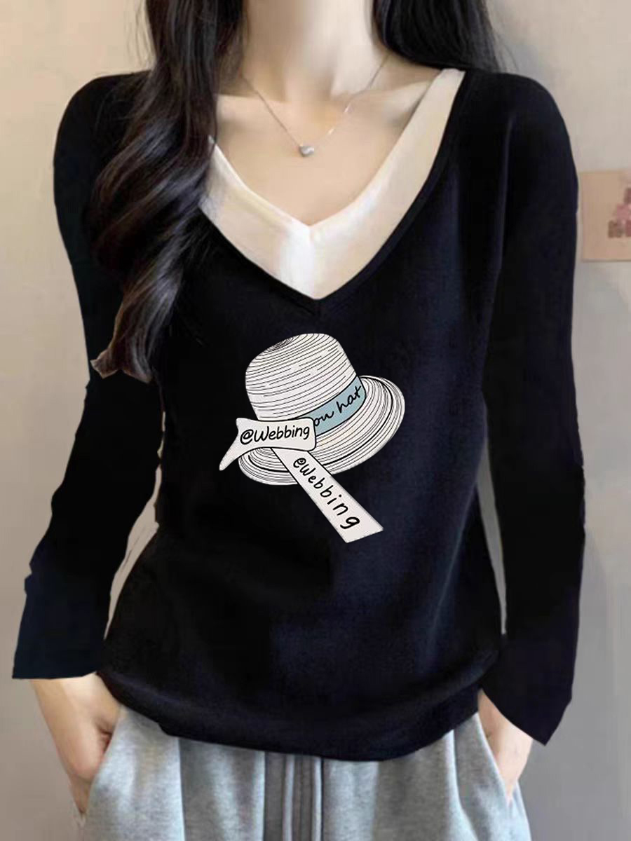 正肩长袖T恤女初秋装冬季宽松假两件棉上衣女穿搭内搭打底衫上衣