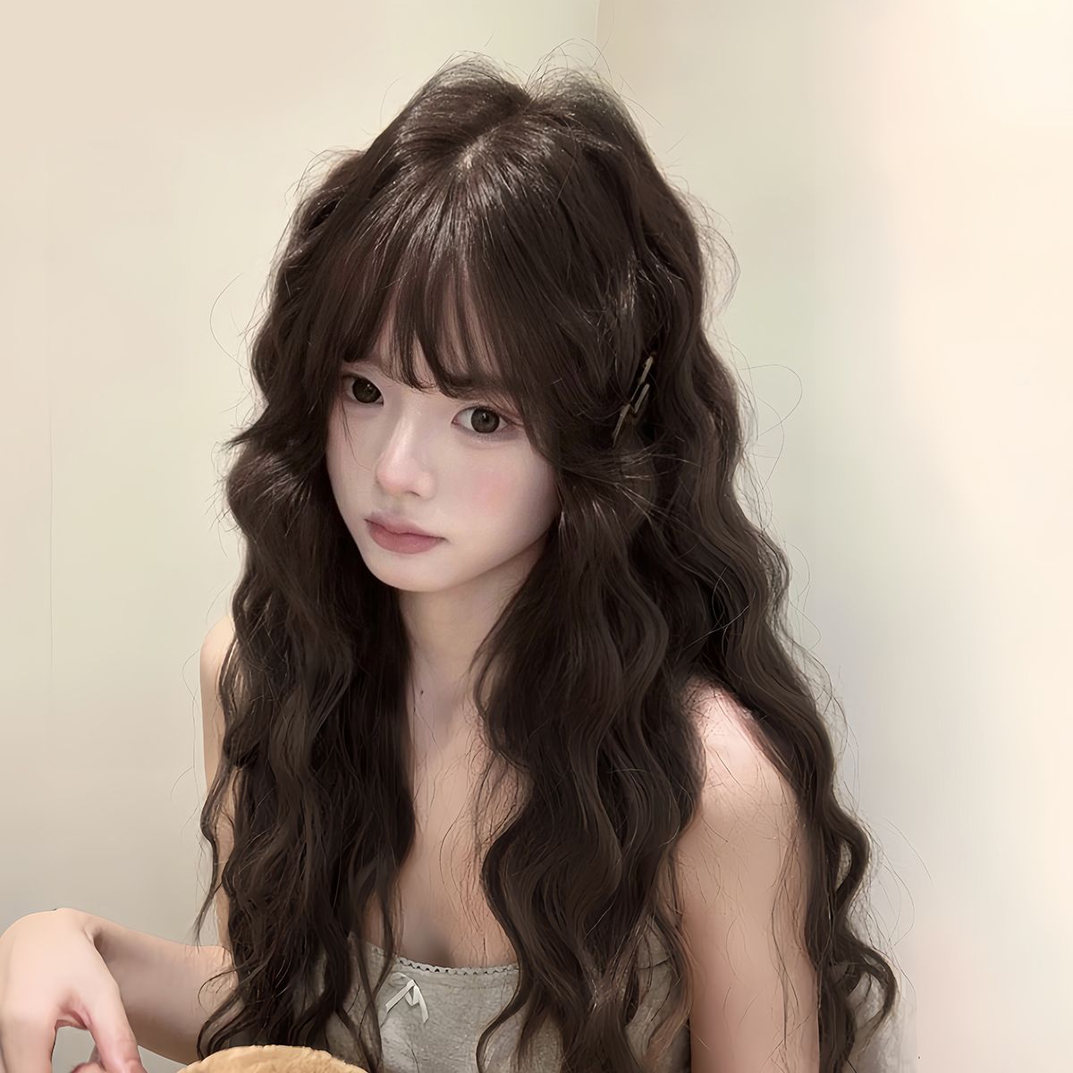 假发女甜美羊毛卷韩版可爱泡面头蓬松温柔长卷发水波纹齐刘海头套