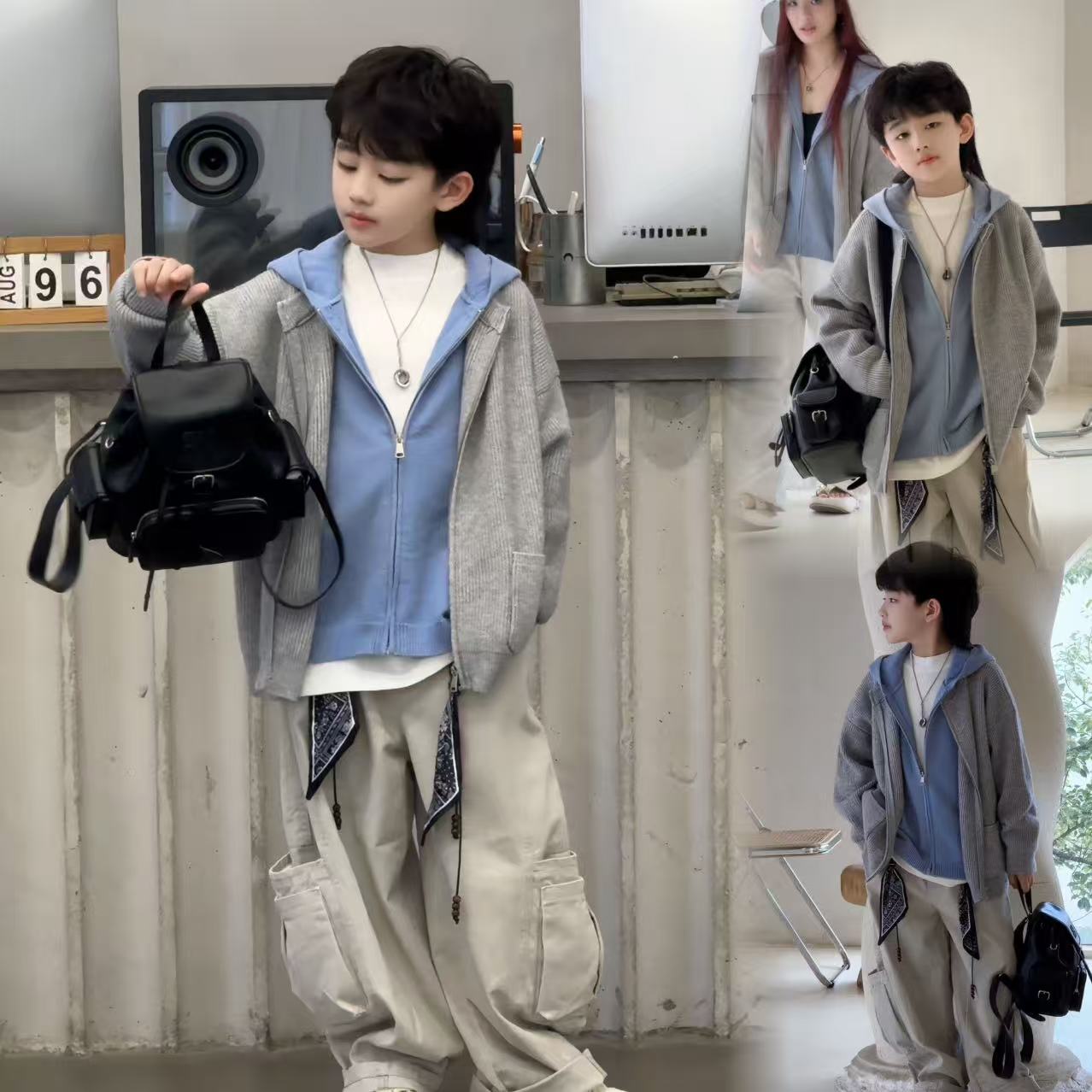 蛋蛋家【理所的诗意】15D031秋季新款儿童灰蓝色拼接假两件连帽开衫