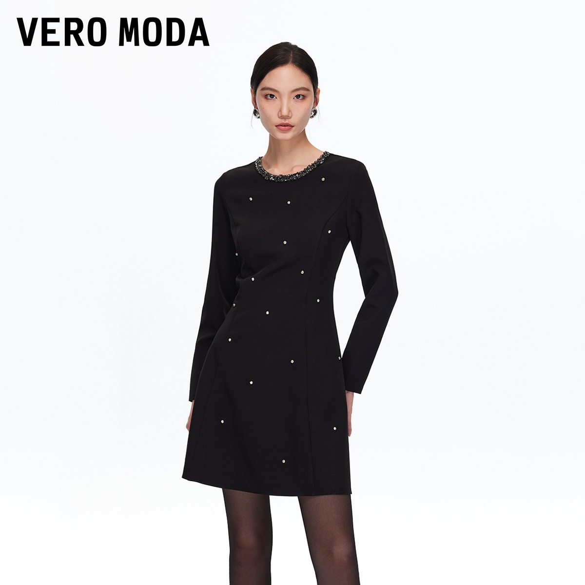 Vero Moda连衣裙【钻光舞会】钻饰领口收腰小黑裙流光风清冷系