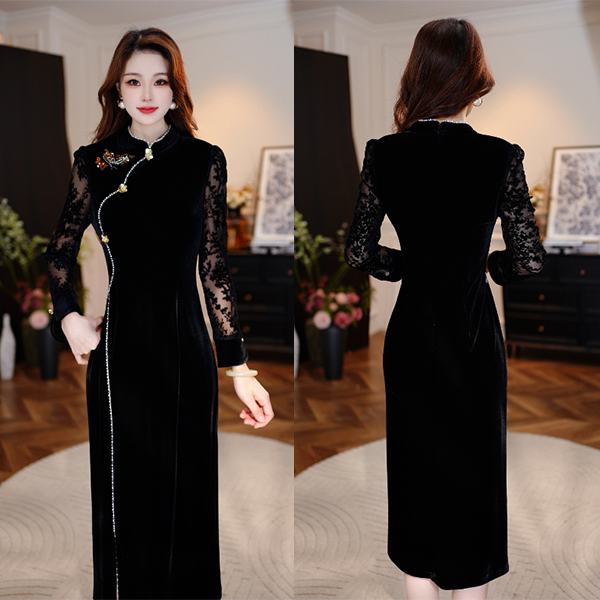 【墨影金蝶】2025秋季新款旗袍显瘦洋气减龄轻奢女人味黑色连衣裙