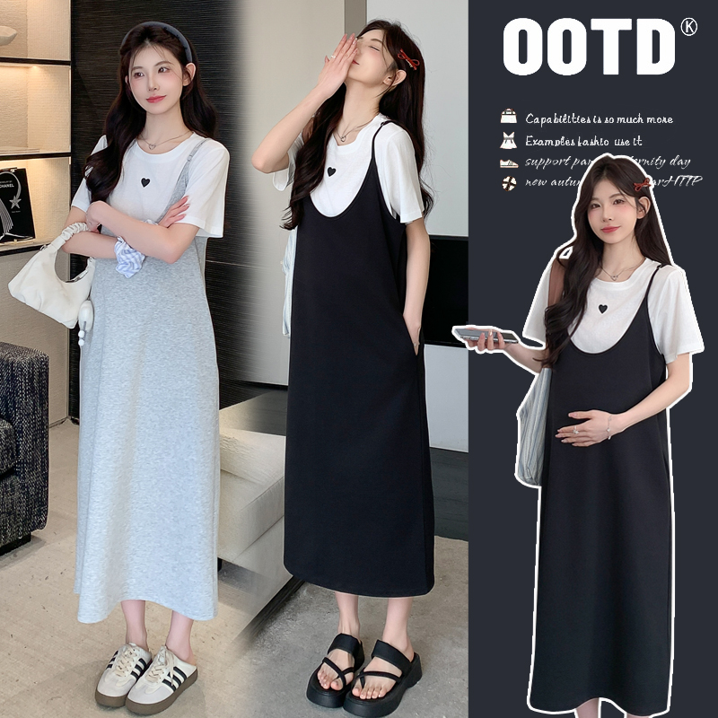 时髦孕妇夏装吊带裙套装2025新款显瘦时尚外穿减龄中长款减龄套装