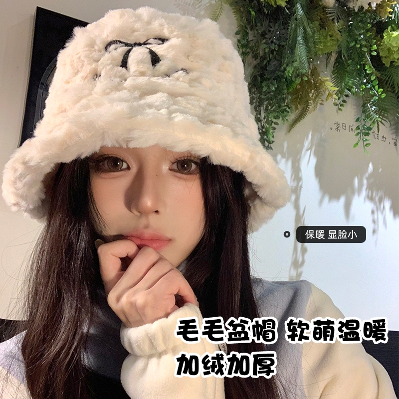 渔夫帽子女冬季2025新款毛绒加厚保暖水桶帽白色蝴蝶结毛毛盆帽潮