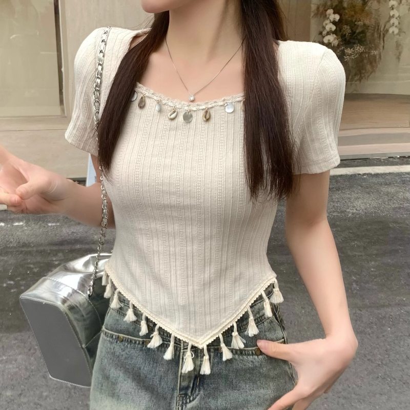 【小七家】春季新款法式方领辣妹设计感显瘦短款百搭上衣