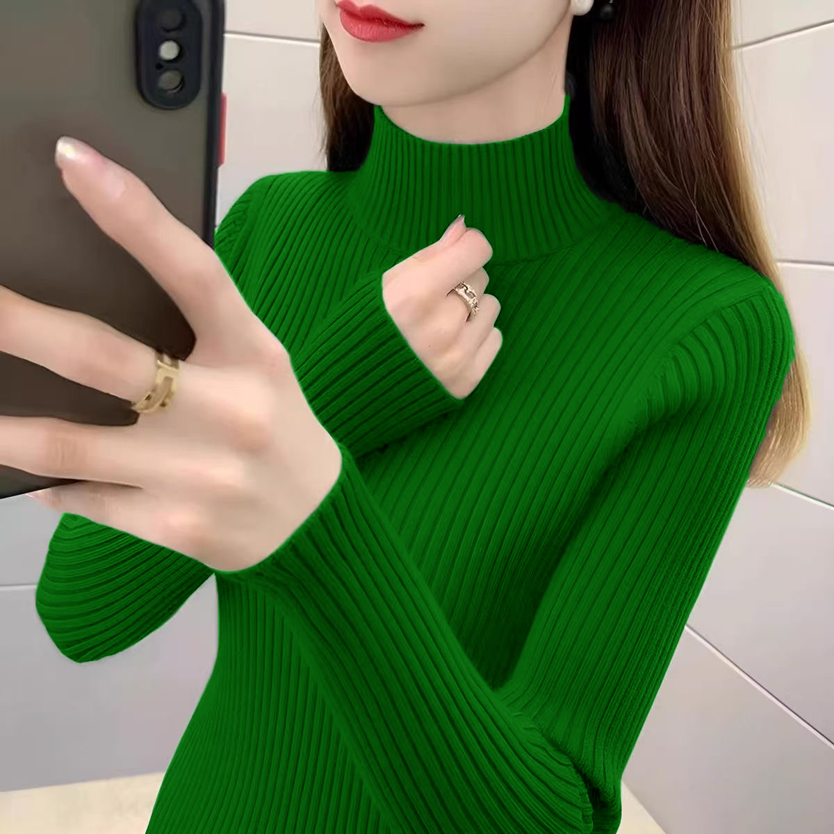 加厚款半高领打底衫女修身显瘦秋冬新款长袖针织衫纯色套头毛衣