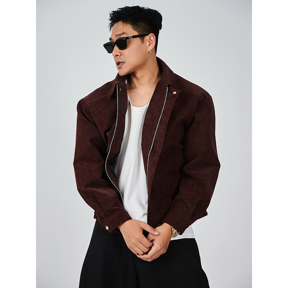 宋春江同款 美拉德色系皮衣外套cleanfit情侣短款正肩复古上衣