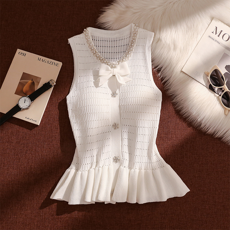 小香风重工钉珠针织吊带背心女外穿设计感小众修身蝴蝶结无袖上衣