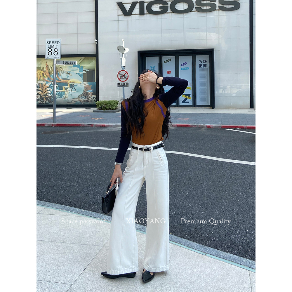 【经典白】小个子白色通勤直筒阔腿牛仔裤~秋季简约显瘦百搭裤子女