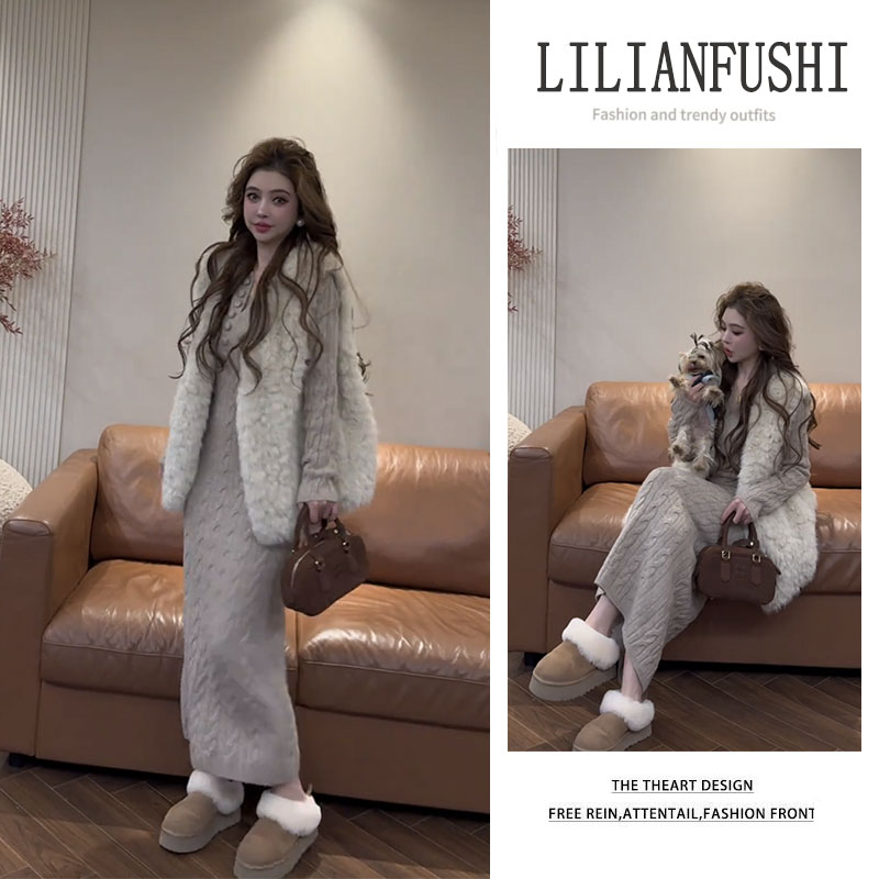 秋冬搭配一整套2025新款宽松马甲外套纯色针织长袖连衣裙两件套女