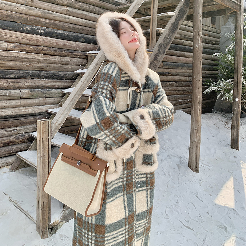 格子毛呢外套女过膝长款2025秋冬新款宽松显瘦休闲夹棉加厚呢大衣