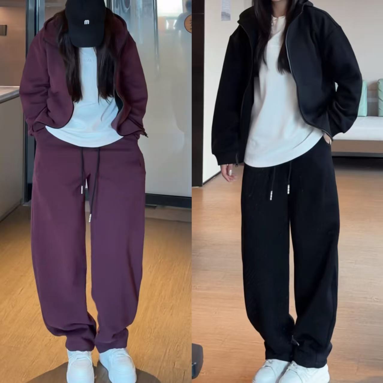 秋季新款男士纯色休闲百搭连帽开衫卫衣抽绳休闲裤套装