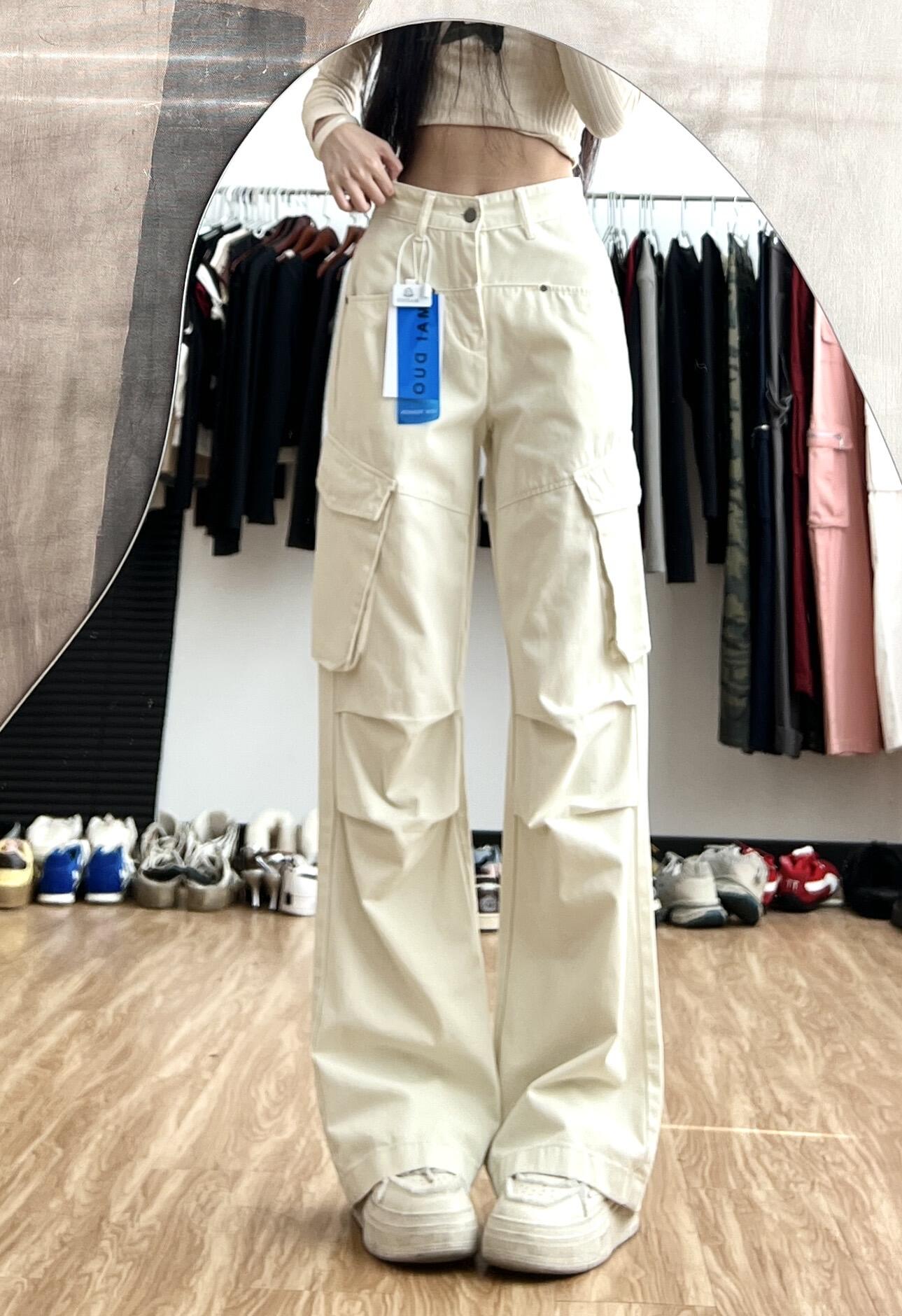 秋季高街美式纯棉工装牛仔裤女高腰加长高个子窄版阔腿微喇叭裤子