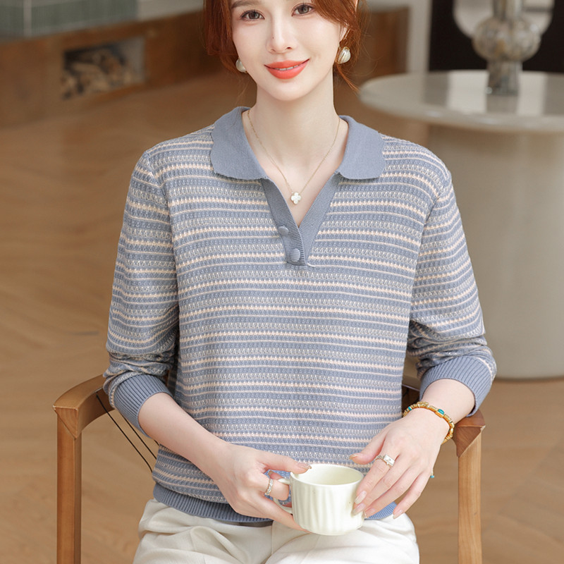 中老年妈妈春秋新款长袖针织衫女士Polo领条纹上衣宽松针织打底衫