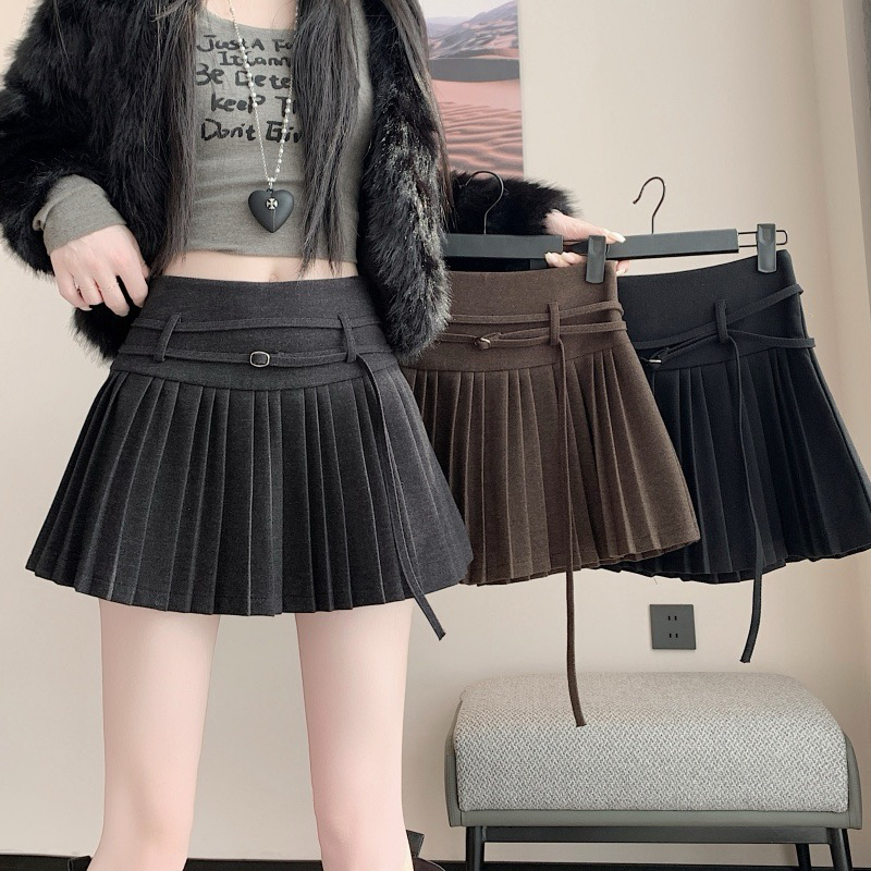 6214秋冬新款高腰显瘦防走光A字复古咖色毛呢百褶半身短裙女