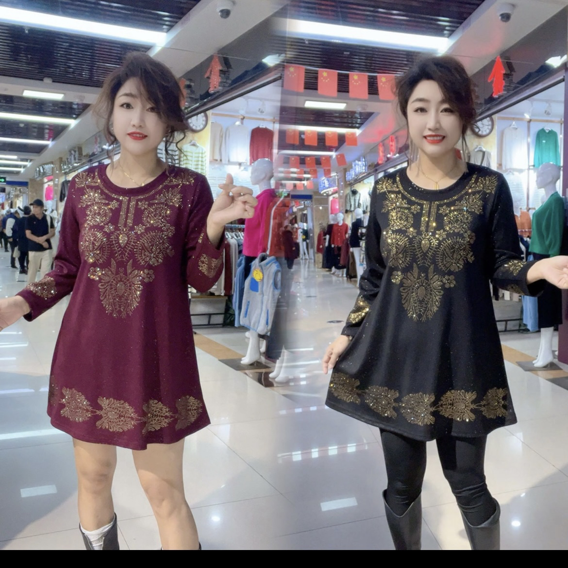 956新款连衣裙圆领镶钻中年女装宽松韩版中长大衫