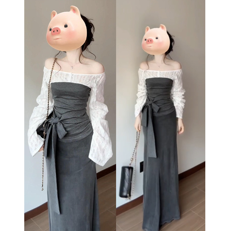 气质韩系撞色一字肩上衣高腰半身裙套装女夏季新款时尚气质两件套