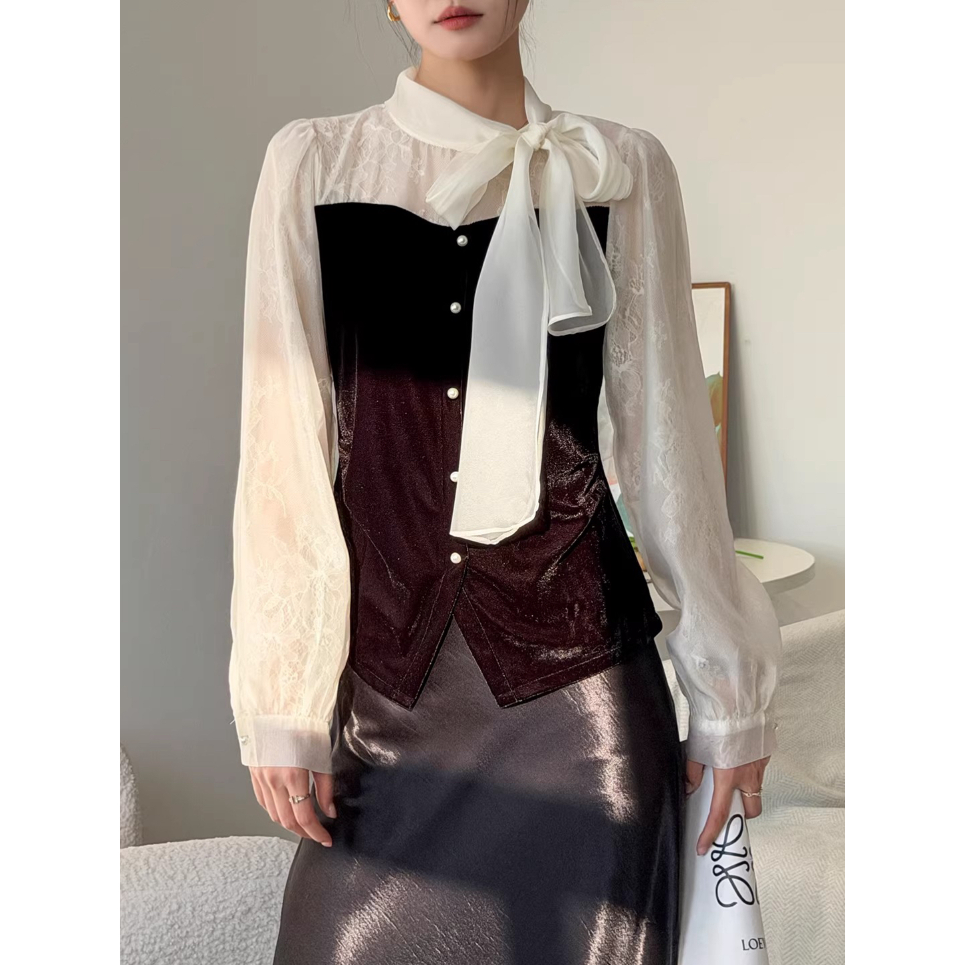 撞色丝绒打底衫女内搭秋冬时髦感雪纺拼接开叉蝴蝶结长袖t恤上衣