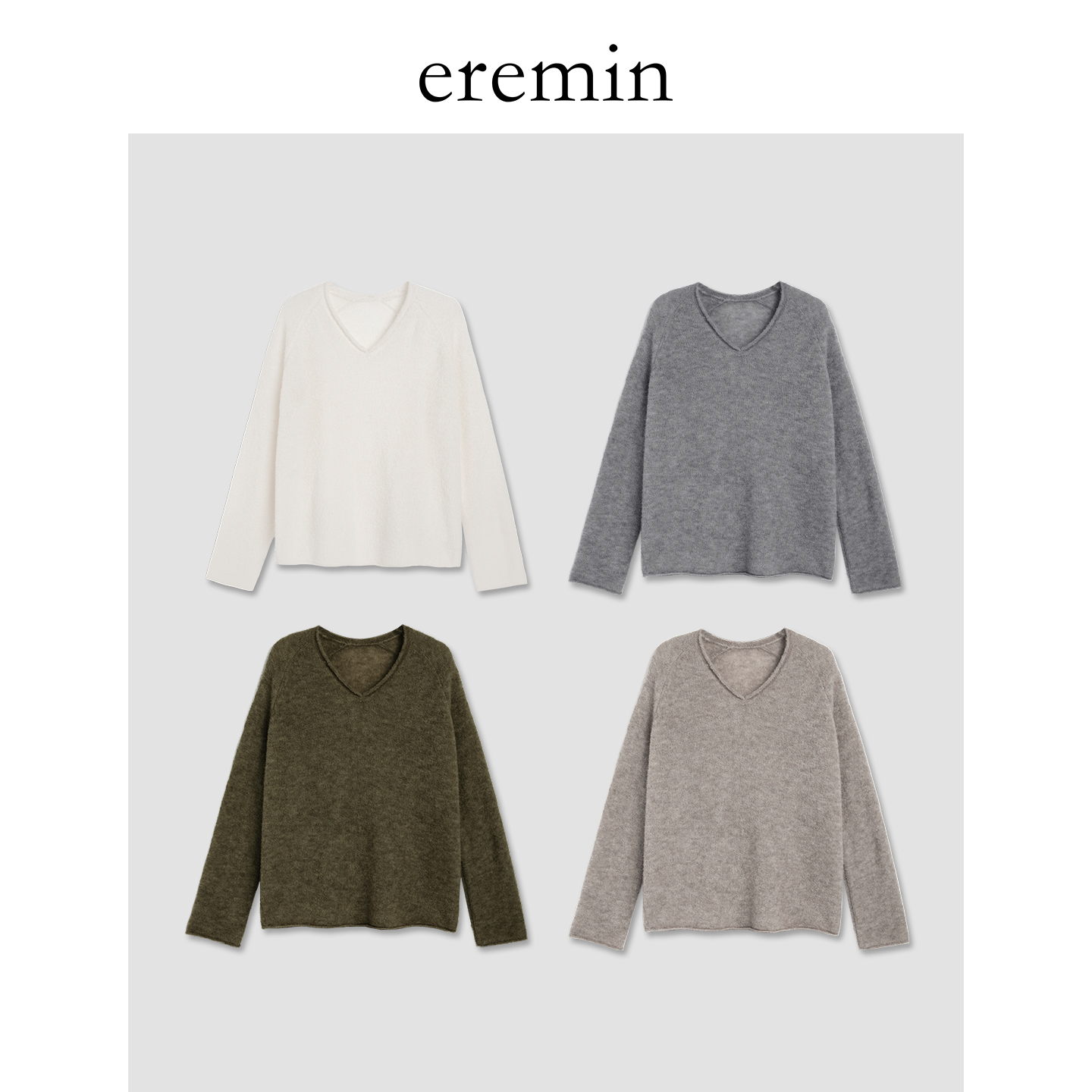 花纱毛衣/卷边V领慵懒风羊绒混纺套头毛衣55955