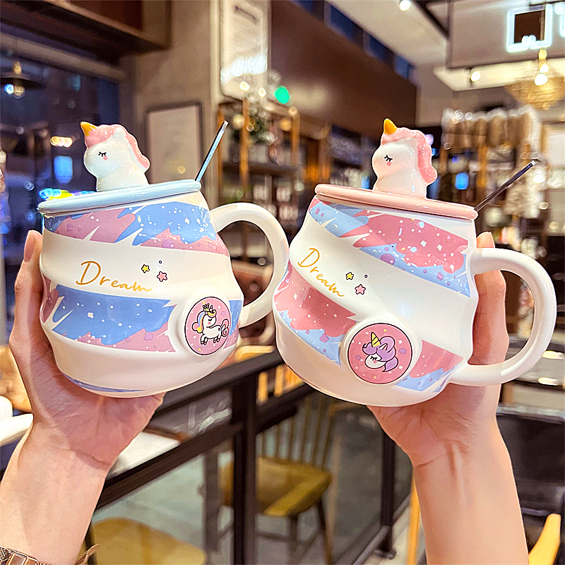 韩版少女心清新网红办公室陶瓷杯可爱带盖勺咖啡杯家用牛奶马克杯