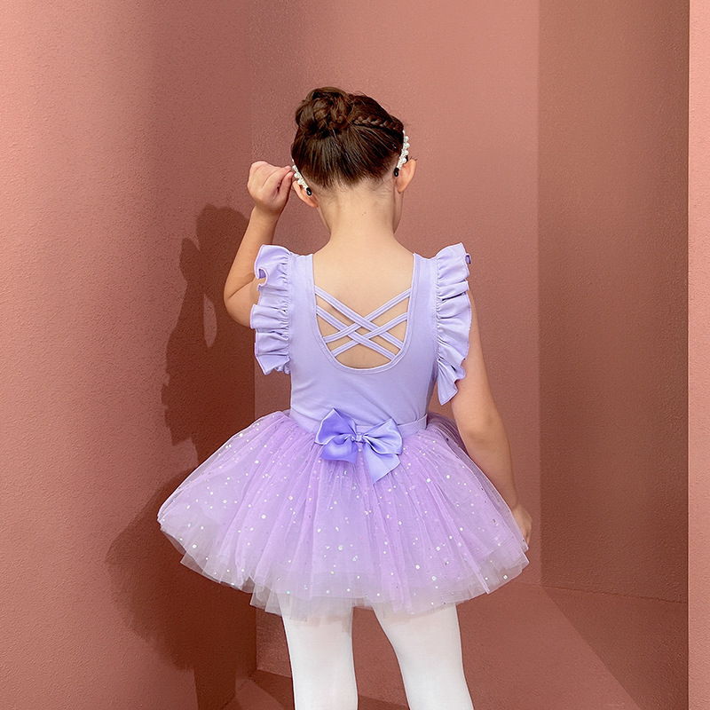 舞蹈服夏季棉薄款女童练功服紫色亮片纱裙幼儿芭蕾舞裙套装