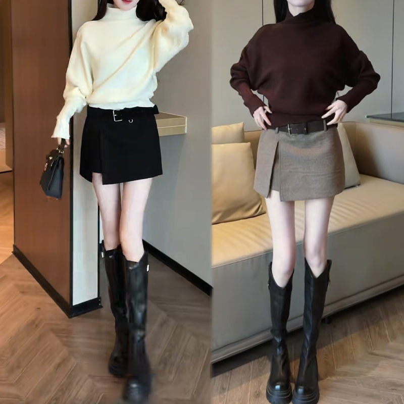 气质简约百搭高领蝙蝠袖小蛮腰毛衣女秋冬开叉毛呢半身裙裤两件套