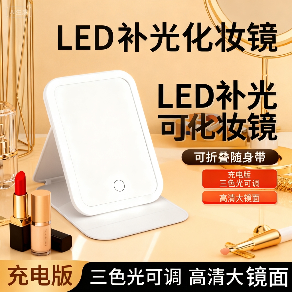 折叠镜子桌面台式梳妆镜化妆镜带灯女生家用大号充电式学生宿舍