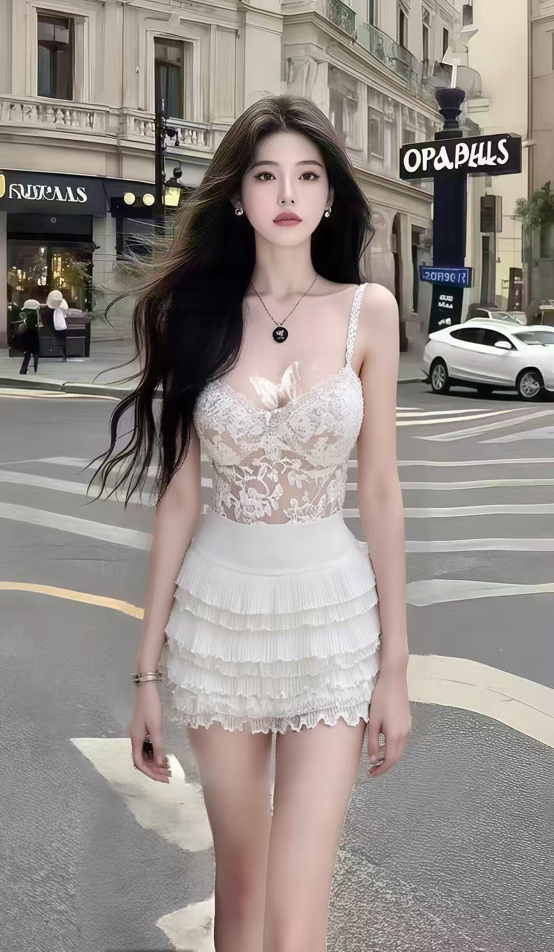 纯欲性感辣妹风白色低领修身吊带收腰包臀连衣裙女小众时尚高级感